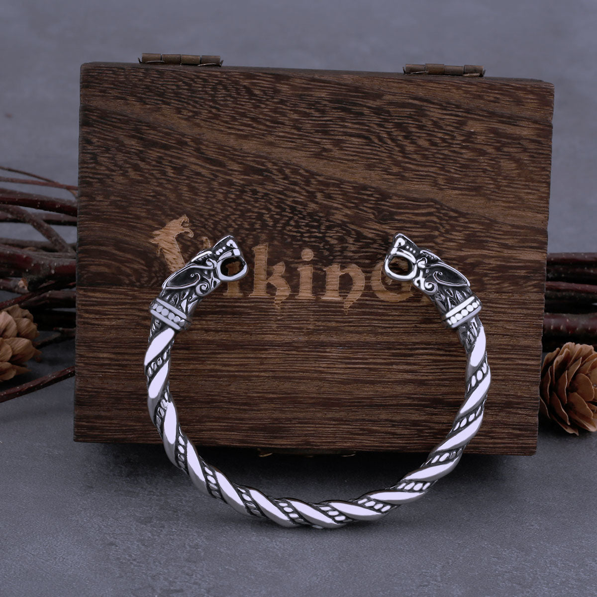 Brassard/Bracelet Viking en acier inoxydable avec boîte en bois